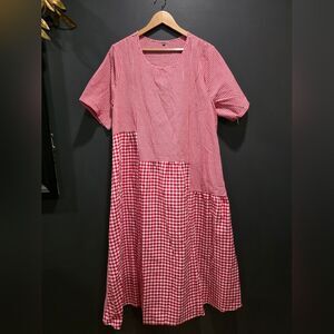 Red & White Gingham Patchwork Micro Short Sleeve Midi Dress House Patio 1XL